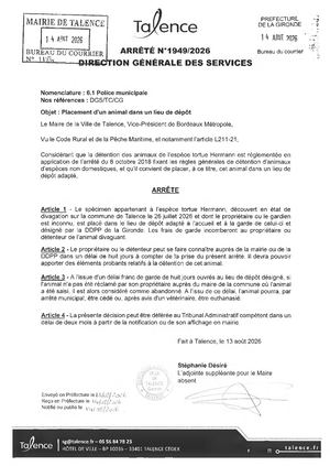 Arrete 1949 2026 Placement D'un Animal Dans Un Lieu De Depot Publié Le 14 08 2026