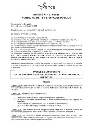 Arrete 1574 2026 Devoiement Reseau Aep Av De L'universite (Portion) Du 6 07 Au 31 08 2026 (57j) Publié Le 14 08 2026