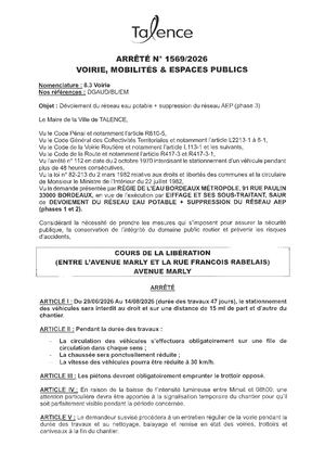 Arrete 1569 2026 Devoiement Reseau Eau Potable Cours Liberation (Portion) Du 29 06 Au 14 08 2026 (47j) Publié Le 14 08 2026