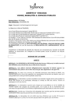 Arrete 1558 2026 Realisation De L'amenagement De La Gare Av De La Gare Du 29 06 Au 6 10 2026 (100j) Publié Le 14 08 2026