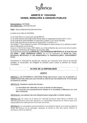 Arrete 1504 2026 Renouvellement Branchement Eau 65 Rue De La Republique Du 1 Au 10 07 2026 Publié Le 14 08 2026