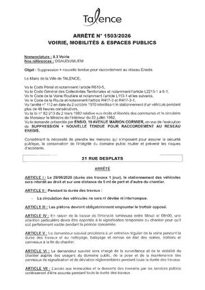Arrete 1503 2026 Suppression Nouvelle Tendue Enedis 21 Rue Desplats Le 29 06 2026 Publié Le 14 08 2026