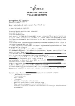 Arrete 1561 2026 Autorisation De Stationnement Taxe 5 Publié Le 14 08 2026