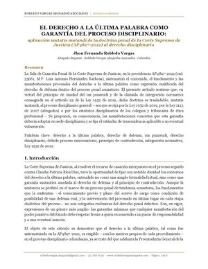 EL DERECHO A LA ÚLTIMA PALABRA COMO GARANTÍA DEL PROCESO DISCIPLINARIO: aplicación mutatis mutandi de la doctrina penal de la Corte Suprema de Justicia (AP4827-2021) al derecho disciplinario Jhon Fernando Robledo Vargas Abogado litigante · Robledo Vargas 