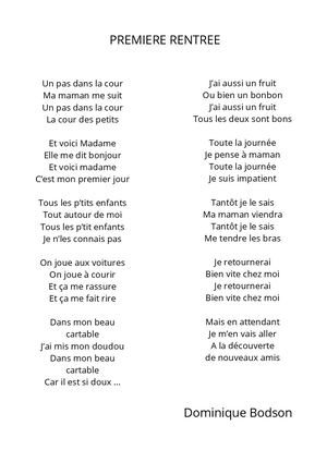 Première Rentrée : comptine