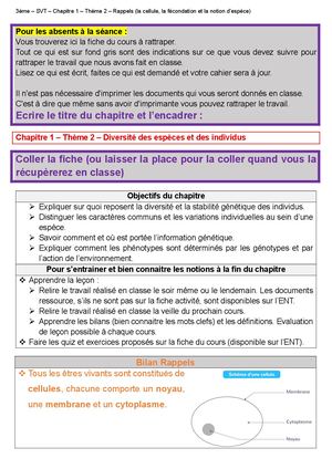 3 Ch1 A0 Rappels Cours (Cellule Fécondation Espèce)