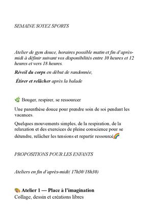 Ateliers Semaine Du 1608 Au 2308
