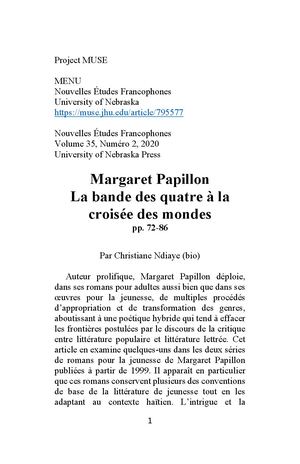 Project Muse Margaret Papillon La Bande Des Quatre à La Croisée Des Mondes Par Christiane Ndiaye University Of Nebraska Press