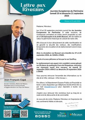 Lettre aux riverains : Journées Européennes du Patrimoine 2026