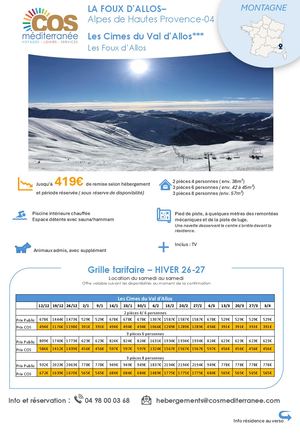 La Foux d'Allos / Résidence Les Cimes du Val d'Allos - Les Cimes / Saison HIVER 2026-2027