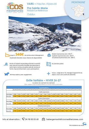 Vars / Résidence Pra Ste Marie - Odalys / Saison HIVER 2026-2027