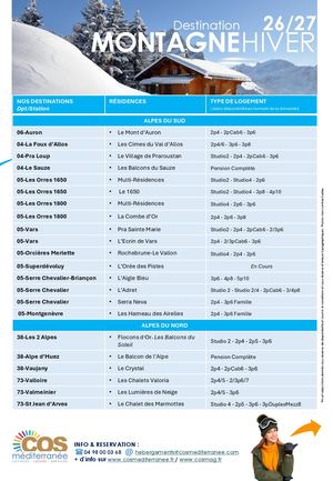Hébergements à la Montagne / Saison HIVER 2026-2027