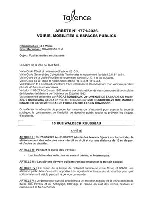 Arrete 1771 2026 Fouilles Isolees En Chaussee 15 Rue Waldeck Rousseau Du 21 08 Au 01 09 2026 Publié Le 22 08 2026