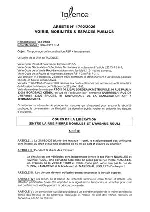 Arrete 1792 2026 Tamponnage Canalisation Aep Terrassement Cours Liberation (Portion) Le 21 08 2026 Publié Le 17 08 2026