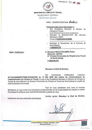 Nomination du chef de Division NKULU KILUMBA FISTON/ Ministère de l'emploi et travail RDC