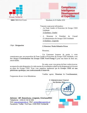 Nomination Coordinateur groupe CIDE Nkulu Kilumba Fiston