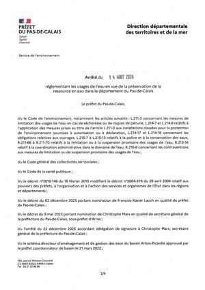 Arrêté Préfectoral du 14 août 2026 règlementant les usages de l'eau en vue de la préservation de la ressource en eau dans le département du Pas-de-Calais