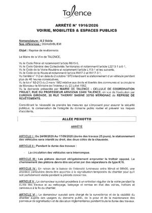 Arrete 1916 2026 Reprise De Revetements Allee Peixotto Du 24 08 Au 17 09 2026 (25j) Publié Le 18 08 2026