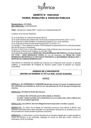 Arrete 1905 2026 Devoiement Reseau Aep Et Reprise Av De L'universite (Portion) Du 24 08 Au 13 09 2026 (21j) Publié Le 18 08 2026