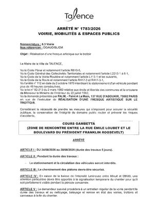 Arrete 1783 2026 Realisation D'une Fresque Artistique Cours Gambetta (Portion) Du 24 Au 28 08 2026 (5j) Publié Le 18 08 2026