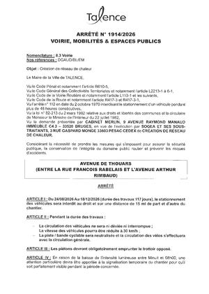 Arrete 1914 2026 Creation De Reseau De Chaleur Av Thouars (Portion) Du 24 08 Au 18 12 2026 (117j) Publié Le 18 08 2026