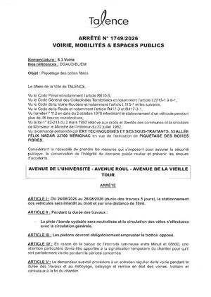 Arrete 1749 2026 Piquetable Des Boites Fibres Av Universite Av Roul Av Vieiille Tour Du 24 Au 28 08 2026 (5j) Publié Le 18 08 2026