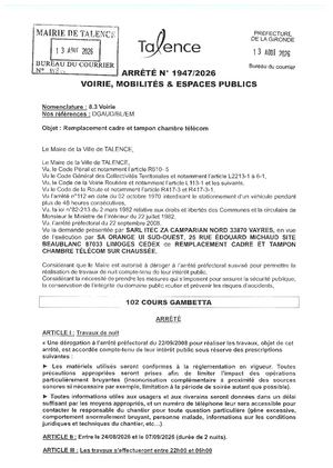 Arrete 1947 2026 Remplacement Cadre Et Tampon Chambre Telecom 102 Cours Gambetta Du 24 08 Au 7 09 2026 (2nuits) Publié Le 18 08 2026