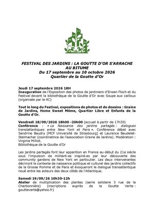Programme festival LA goutte d'or s'arrache au bitume, jardins partagés 2026