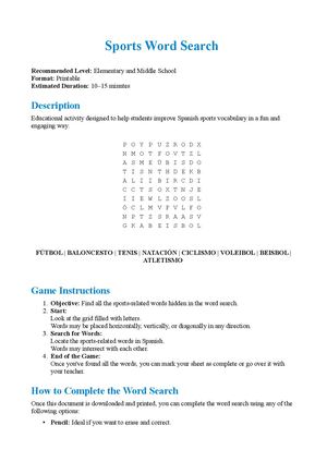 Spanish Sports Word Search for Beginners