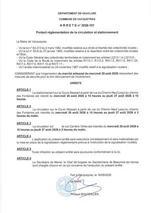 Arrêté Marché Artisanal Mercredi 26 Aout
