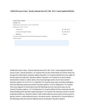 CHEM 233 Lesson 2 Quiz - Results; Attempt Score 92 / 100 - 92 % | Latest Updated 2025/26.