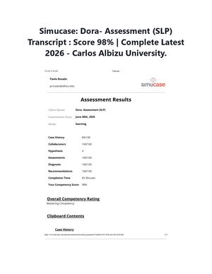 Simucase: Dora- Assessment (SLP) Transcript : Score 98% | Complete Latest 2026 - Carlos Albizu University.