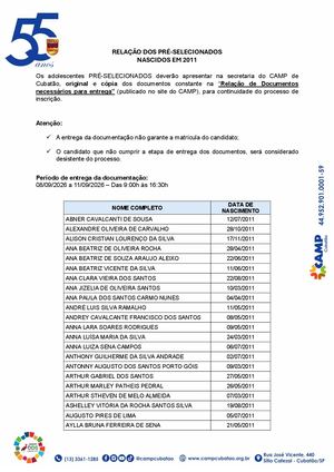 Relação Dos Pré Selecioandos Nascidos Em 2011