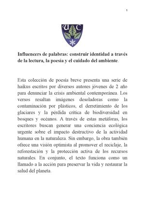Influencers De Palabras Construir Identidad A Través De La Lectura, La Poesía Y El Cuidado Del Ambiente