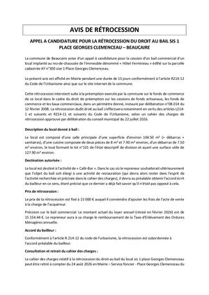 Appel A Candidature Pour La Rétrocession Du Droit Au Bail Sis 1
