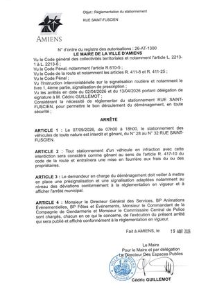 26 AT 1300 Reglementation Du Stationnement Rue Saint Fuscien Le 07 09 2026 - Publiée Le 18 08 2026