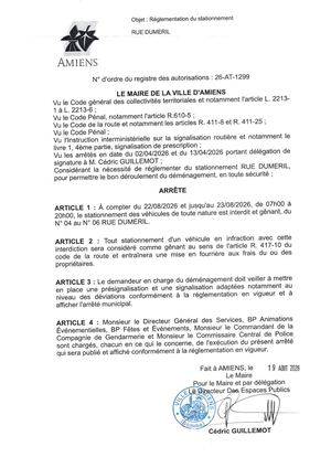 26 AT 1299 Reglementation Du Stationnement Rue Dumeril Du 22 08 2026 Au 23 08 2026- Publiée Le 18 08 2026