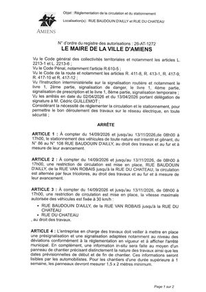 26 AT 1272 Reglementation Du Stationnement Et De La Circulation Rue Baudouin D'ailly Et Rue Du Chateau Du 14 09 2026 Au 13 11 2026 - Publiée Le 18 08 2026