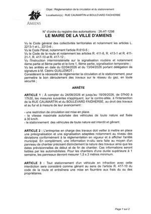 26 AT 1298 Reglementation Du Stationnement Et De La Circulation Rue Caumartin Et Boulevard Faiherbe Du 24 08 2026 Au 18 09 2026 - Publiée Le 18 08 2026