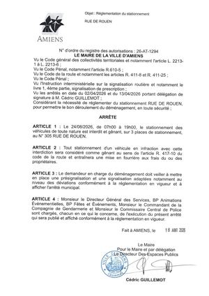 26 AT 1294 Reglementation Du Stationnement Rue De Rouen Le 24 08 2026  - Publiée Le 18 08 2026
