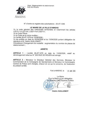 26 AT 1295 Reglementation Du Stationnement Rue De Rouen  - Arrêté 26 AT 1279 - Est Abrogé Publiée Le 18 08 2026