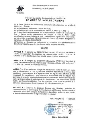 26 AT 1296 Reglementation De La Circulation Rue De Cagny - Du 24 08 2026 Au 07 10 2026 - Publiée Le 18 08 2026