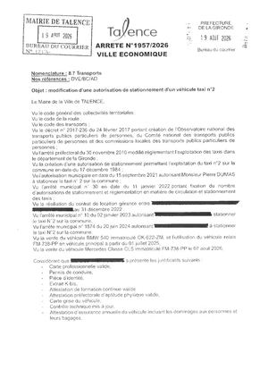 Arrete 1957 2026 Modification D'une Autorisation De Stationnement Taxi 2 Publié Le 19 08 2026