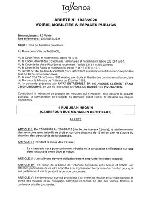 Arrete 1923 2026 Pose De Barrieres Pivotantes 1 Rue J Iriquin Du 25 Au 26 08 2026 (2j) Publié Le 19 08 2026