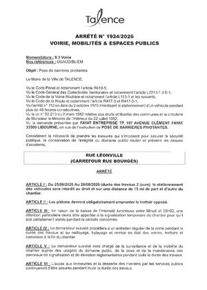 Arrete 1924 2026 Pose De Barrieres Pivotantes Rue Leonville Du 25 Au 26 08 2026 (2) Publié Le 19 08 2026