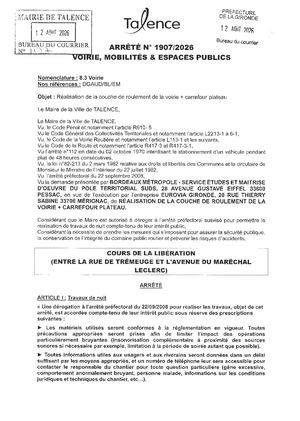 Arrete 1907 2026 Realisation Couche De Roulement Voirie Cours Liberations (Portion) Du 26 Au 28 08 2026 (1 Nuit) Publié Le 19 08 2026