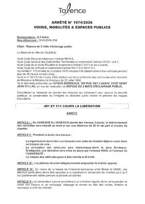 Arrete 1974 2026 Repose De Deux Mats D'eclairage Public 481 Et 511 Cours Liberation Du 24 Au 25 08 2026 (2j) Publié Le 19 08 2026