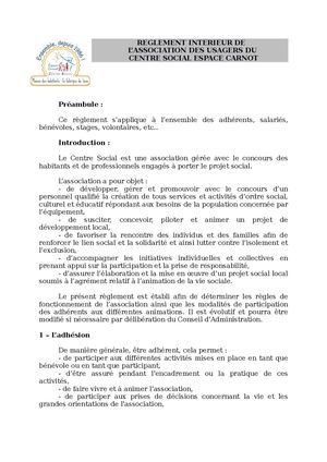 Règlement Intérieur Association Des Usagers Centre Social Espace Carnot Septembre 2026