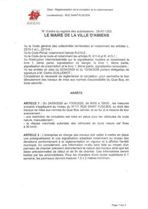 26 AT 1303 - Arrêté De Réglementation De La Circulation Et Du Stationnement, Rue Saint Fuscien à Amiens, Du 24 09 Au 11 09 2026 Publié Le 20 08 2026