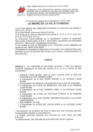 26 AT 1302 - Arrêté De Réglementation De La Circulation Et Du Stationnement, Rue Henri Martin Et Autres à Amiens, Du 14 09 Au 6 11 2026 Publié Le 20 08 2026